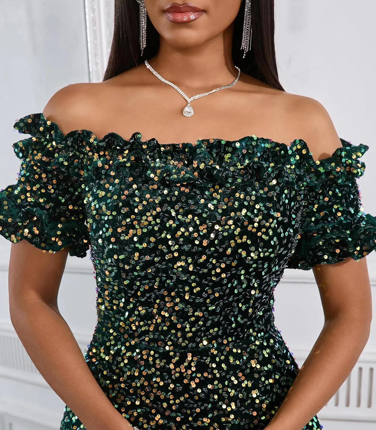 Women Sexy Sequin Off Shoulder Ruffle Short Sleeve Bodycon Mermaid Party Formal Evening Maxi Dress