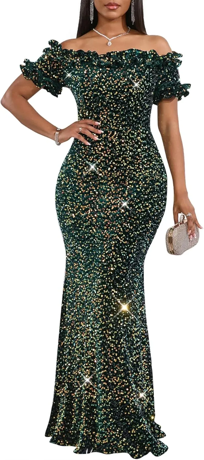 Women Sexy Sequin Off Shoulder Ruffle Short Sleeve Bodycon Mermaid Party Formal Evening Maxi Dress