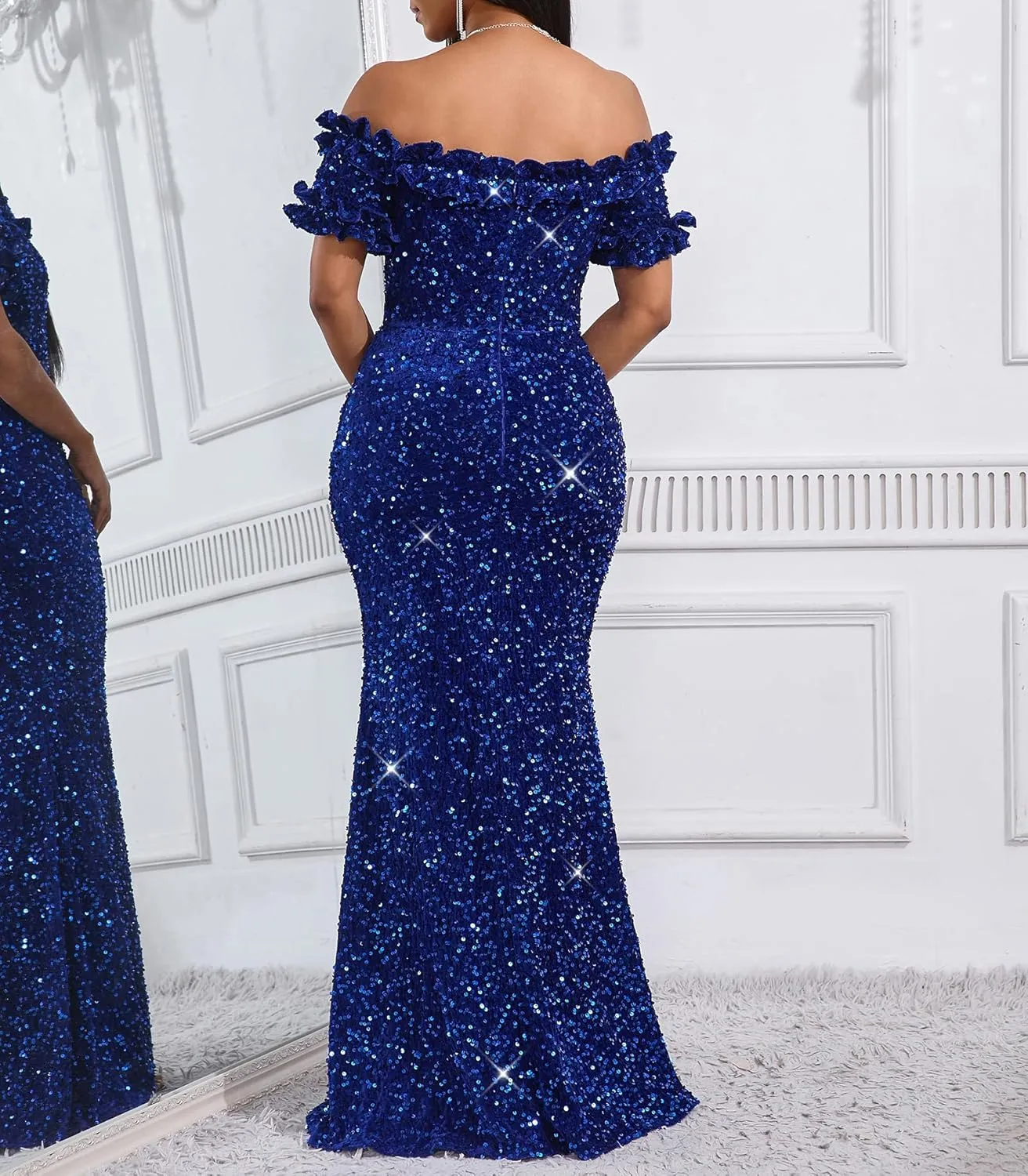 Women Sexy Sequin Off Shoulder Ruffle Short Sleeve Bodycon Mermaid Party Formal Evening Maxi Dress