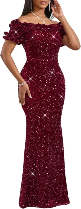 Women Sexy Sequin Off Shoulder Ruffle Short Sleeve Bodycon Mermaid Party Formal Evening Maxi Dress