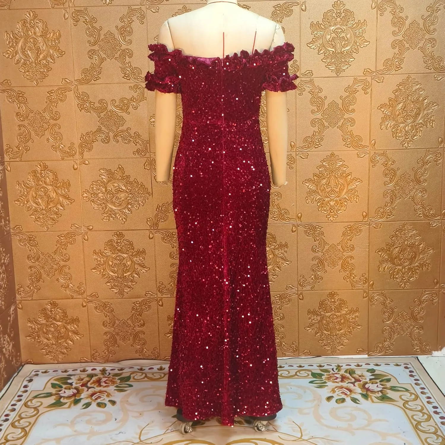 Women Sexy Sequin Off Shoulder Ruffle Short Sleeve Bodycon Mermaid Party Formal Evening Maxi Dress