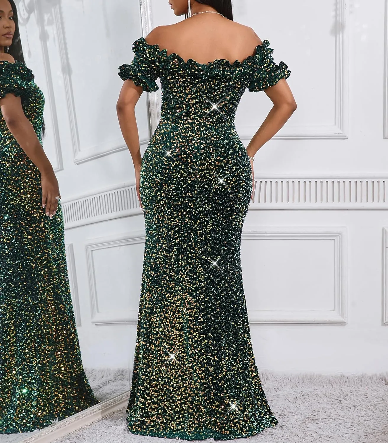 Women Sexy Sequin Off Shoulder Ruffle Short Sleeve Bodycon Mermaid Party Formal Evening Maxi Dress