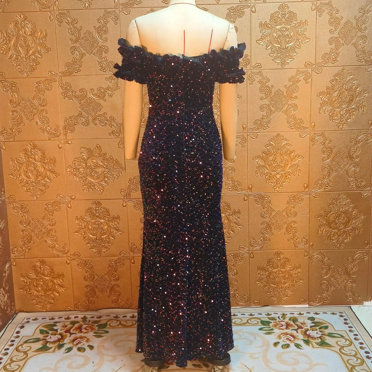 Women Sexy Sequin Off Shoulder Ruffle Short Sleeve Bodycon Mermaid Party Formal Evening Maxi Dress