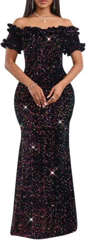 Women Sexy Sequin Off Shoulder Ruffle Short Sleeve Bodycon Mermaid Party Formal Evening Maxi Dress