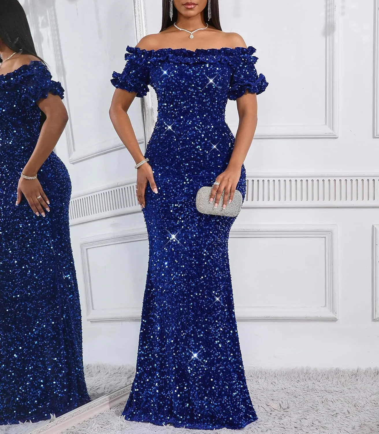 Women Sexy Sequin Off Shoulder Ruffle Short Sleeve Bodycon Mermaid Party Formal Evening Maxi Dress