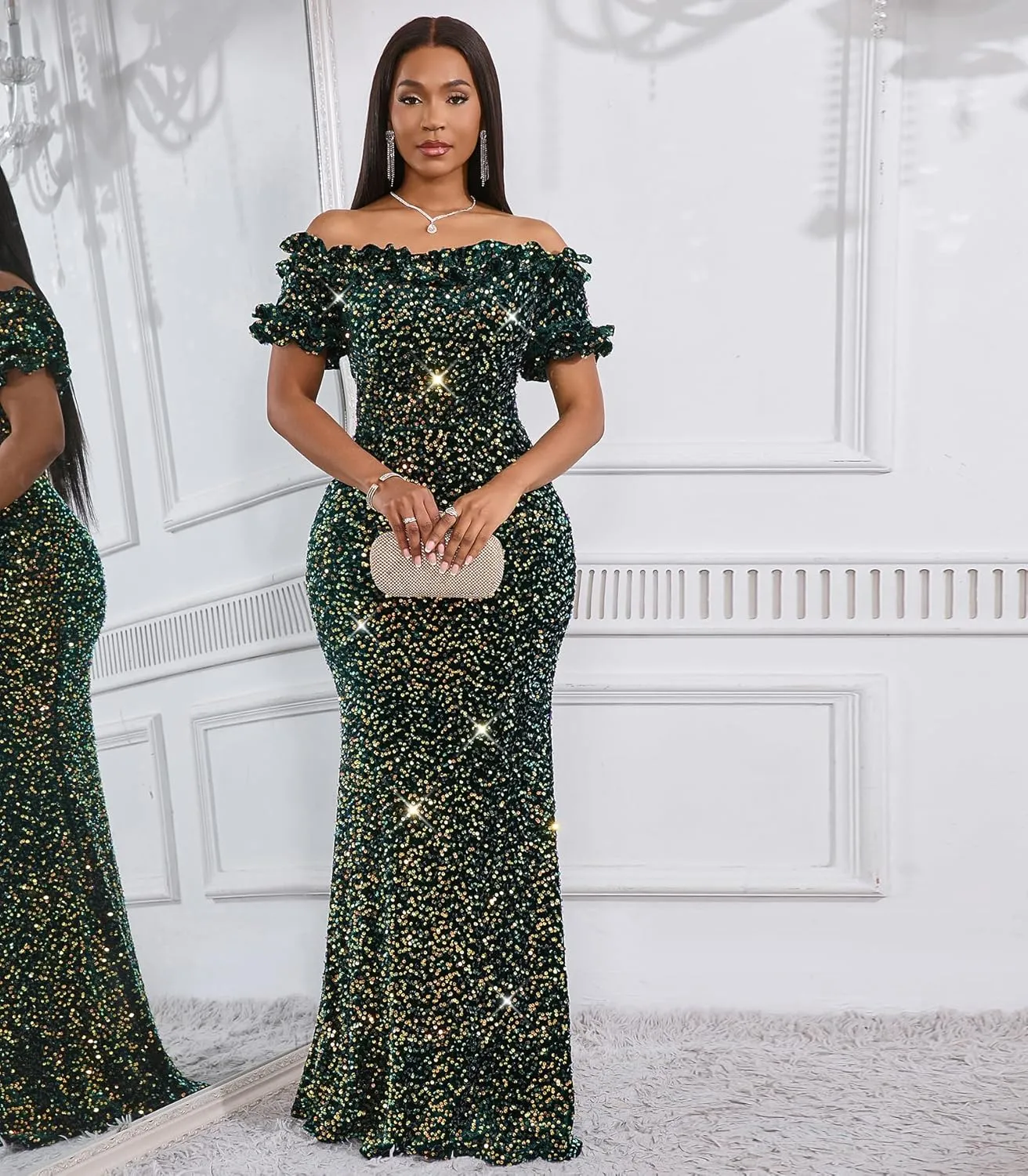 Women Sexy Sequin Off Shoulder Ruffle Short Sleeve Bodycon Mermaid Party Formal Evening Maxi Dress