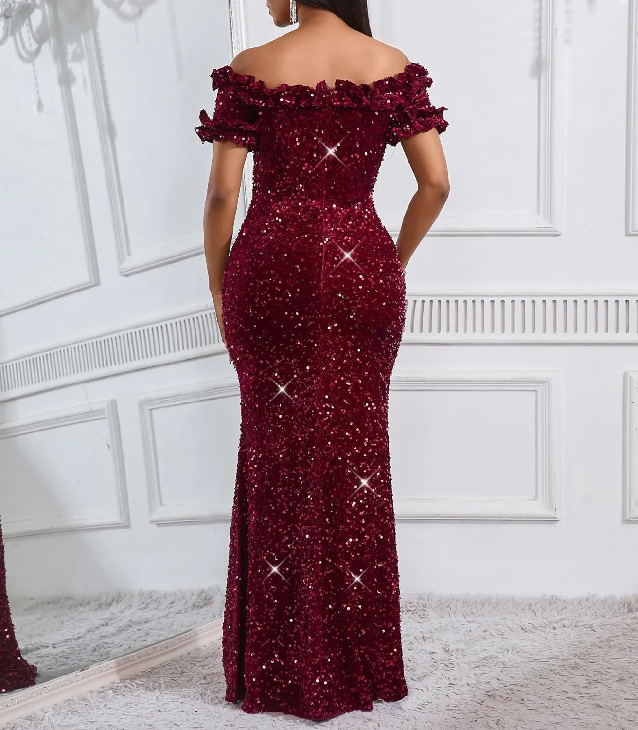 Women Sexy Sequin Off Shoulder Ruffle Short Sleeve Bodycon Mermaid Party Formal Evening Maxi Dress