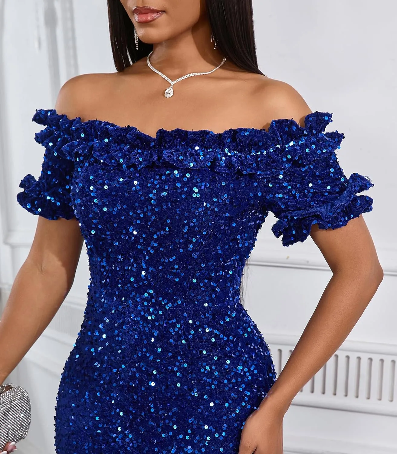 Women Sexy Sequin Off Shoulder Ruffle Short Sleeve Bodycon Mermaid Party Formal Evening Maxi Dress