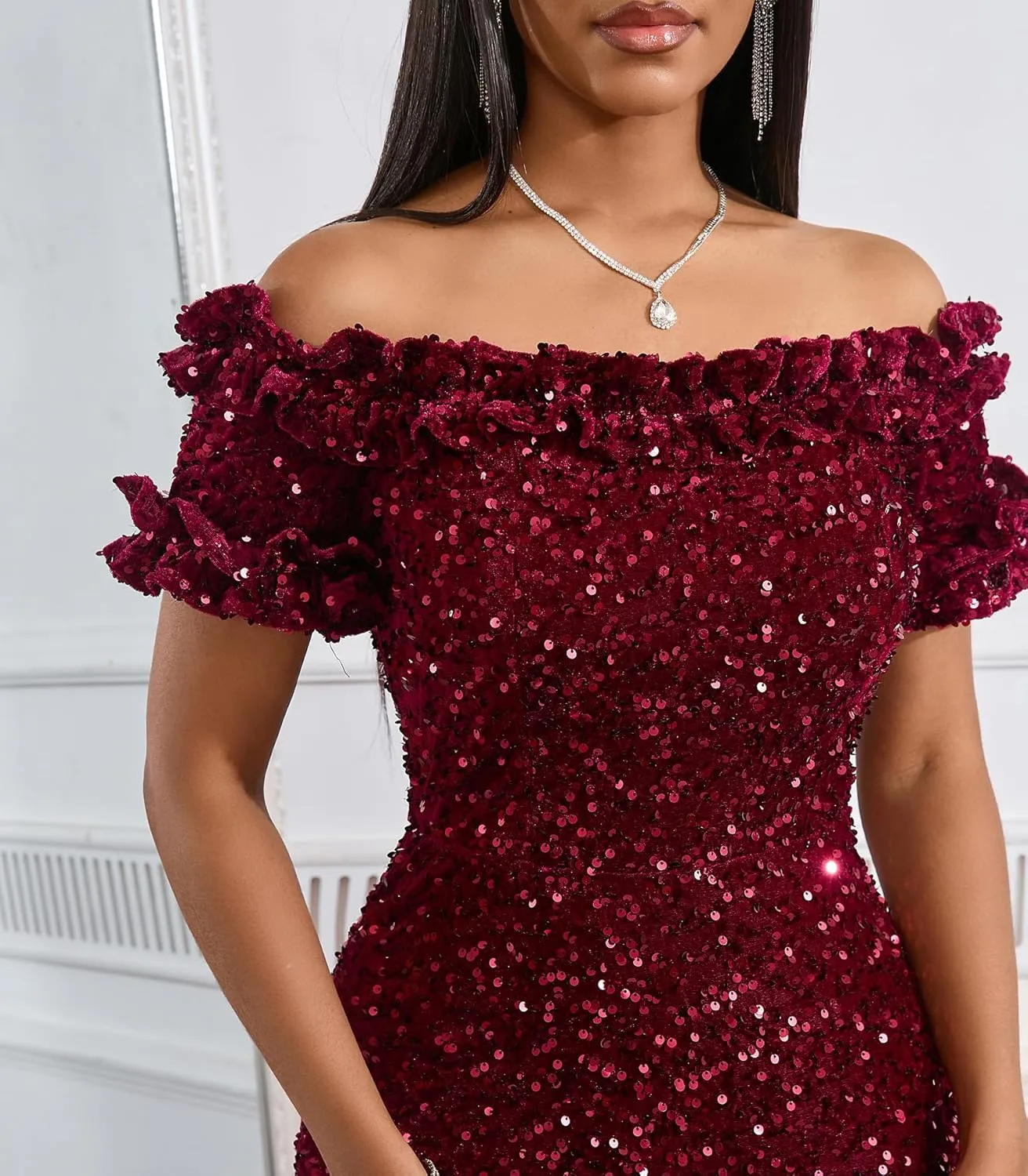 Women Sexy Sequin Off Shoulder Ruffle Short Sleeve Bodycon Mermaid Party Formal Evening Maxi Dress