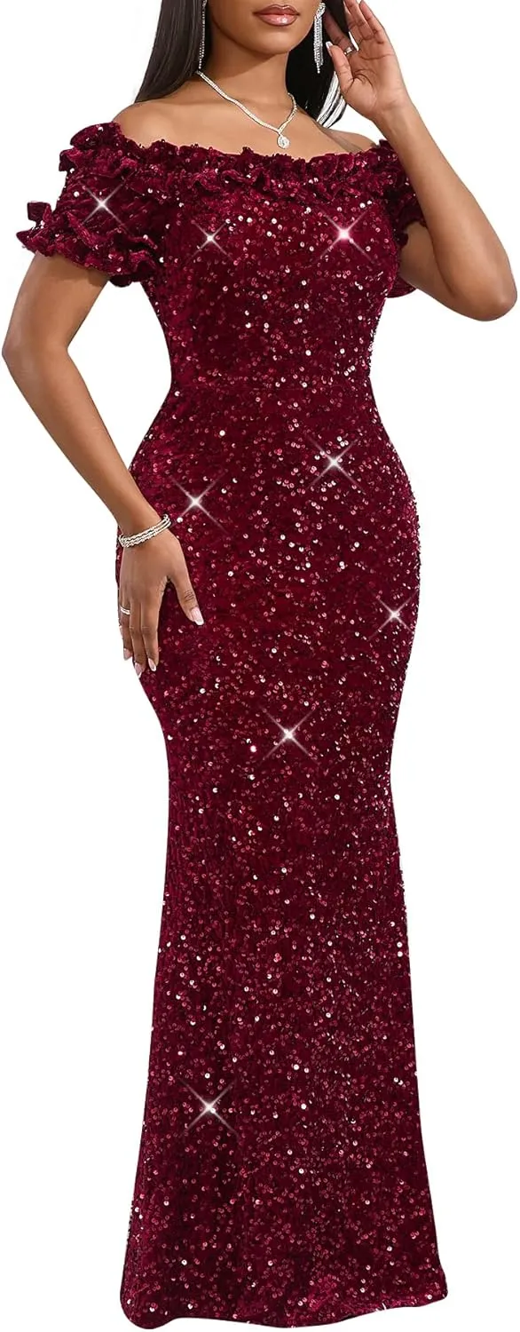 Women Sexy Sequin Off Shoulder Ruffle Short Sleeve Bodycon Mermaid Party Formal Evening Maxi Dress