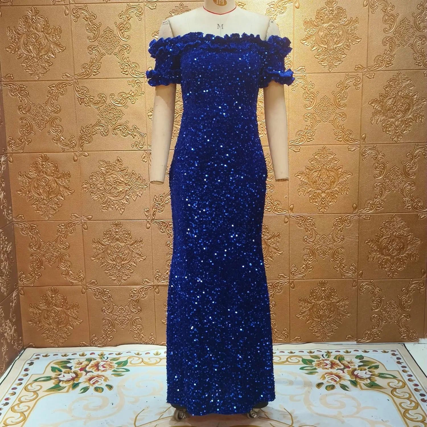 Women Sexy Sequin Off Shoulder Ruffle Short Sleeve Bodycon Mermaid Party Formal Evening Maxi Dress