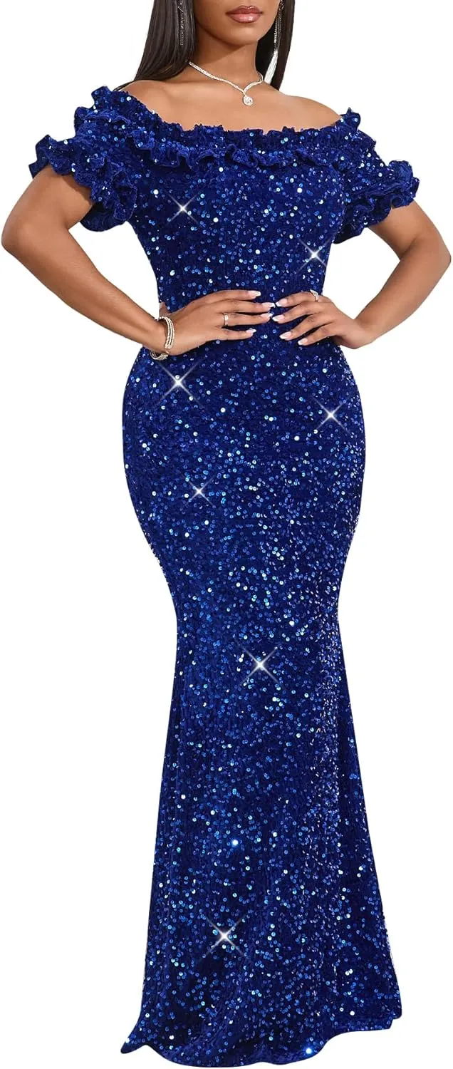 Women Sexy Sequin Off Shoulder Ruffle Short Sleeve Bodycon Mermaid Party Formal Evening Maxi Dress