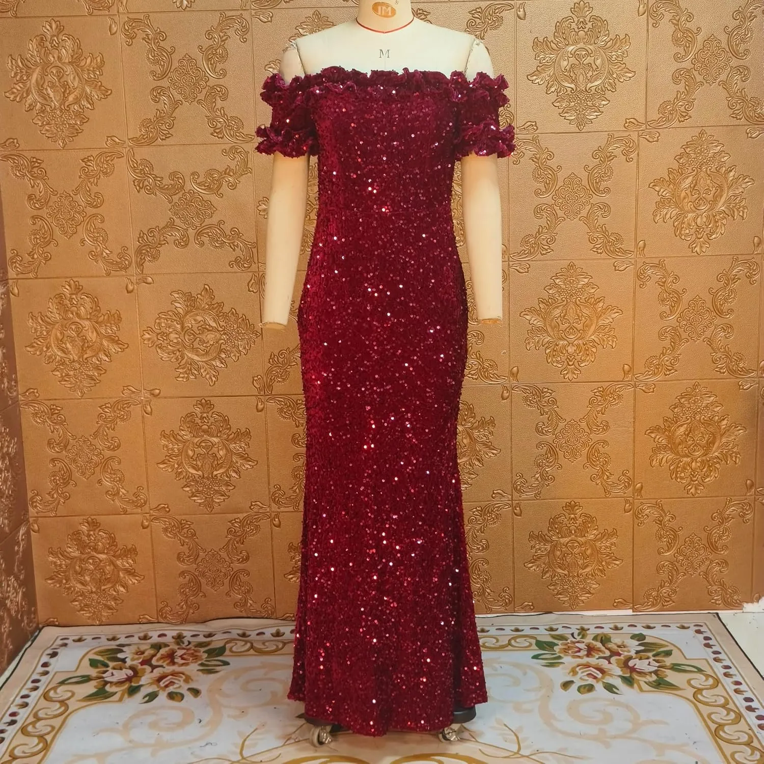 Women Sexy Sequin Off Shoulder Ruffle Short Sleeve Bodycon Mermaid Party Formal Evening Maxi Dress