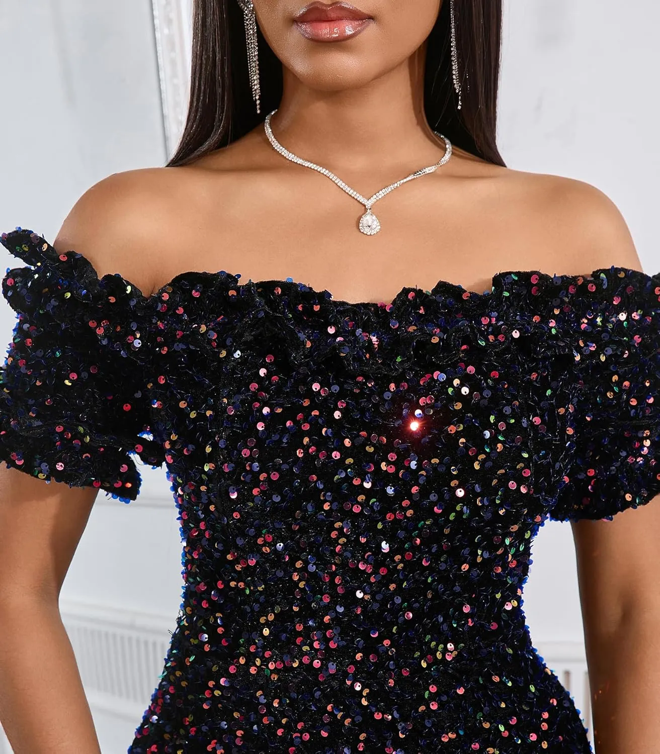 Women Sexy Sequin Off Shoulder Ruffle Short Sleeve Bodycon Mermaid Party Formal Evening Maxi Dress