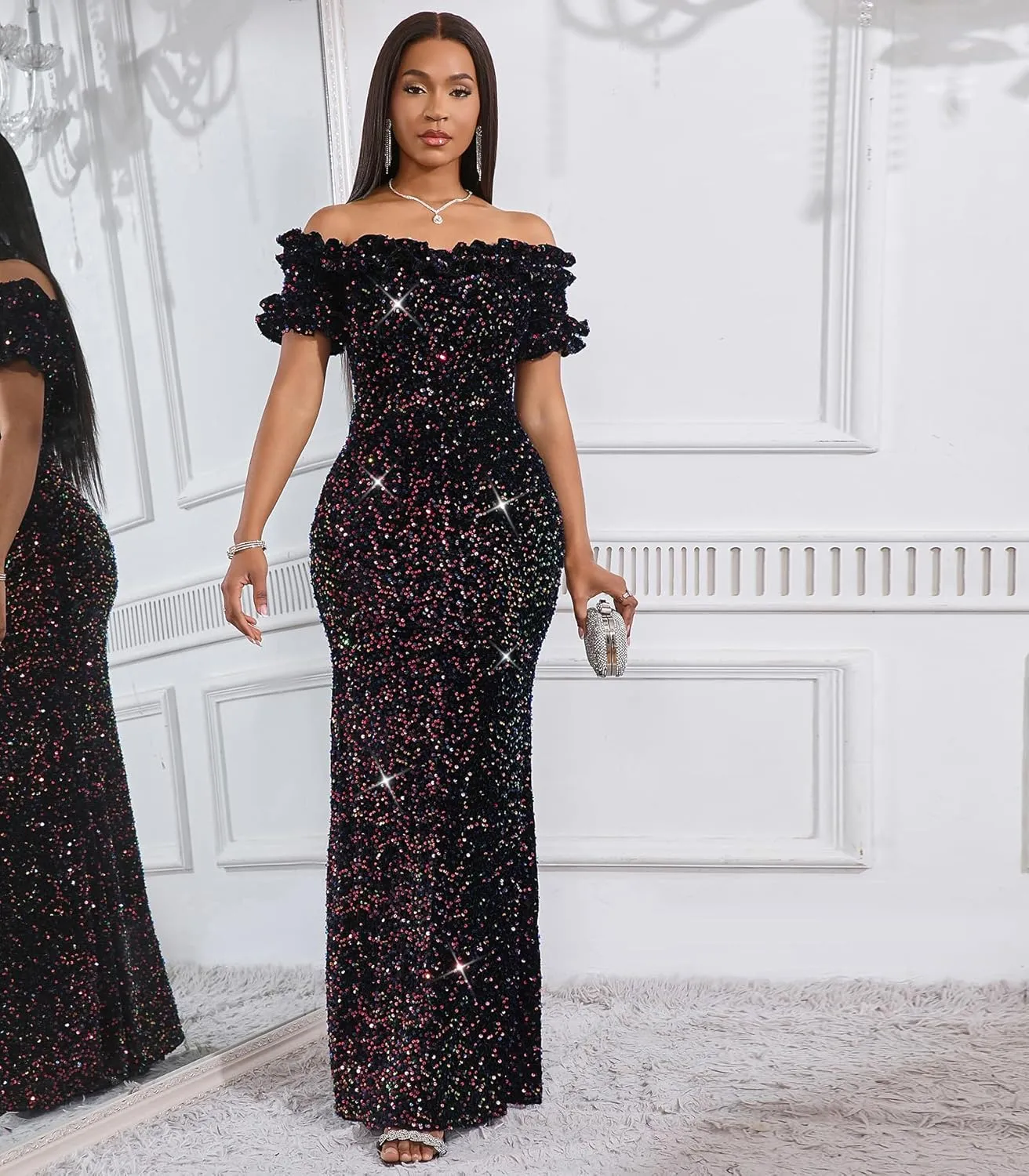 Women Sexy Sequin Off Shoulder Ruffle Short Sleeve Bodycon Mermaid Party Formal Evening Maxi Dress