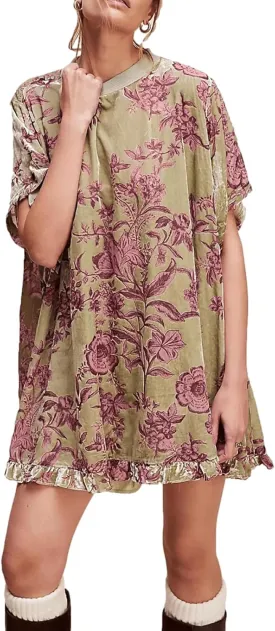 Women Short Sleeve Velvet Mini Dress Vintage Crew Neck Floral Printed Oversized Short Dress Summer Loose Boho Dress