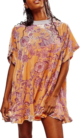 Women Short Sleeve Velvet Mini Dress Vintage Crew Neck Floral Printed Oversized Short Dress Summer Loose Boho Dress