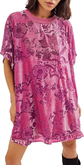Women Short Sleeve Velvet Mini Dress Vintage Crew Neck Floral Printed Oversized Short Dress Summer Loose Boho Dress