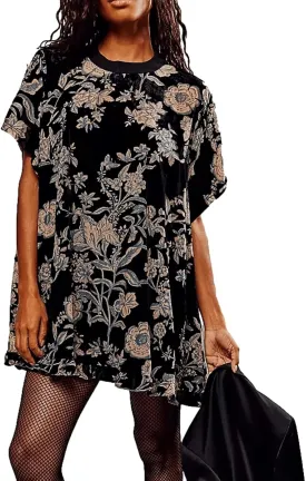 Women Short Sleeve Velvet Mini Dress Vintage Crew Neck Floral Printed Oversized Short Dress Summer Loose Boho Dress
