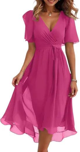 Womens Boho Floral Printed Chiffon Dresses 2025 Elegant V Neck Belted Summer Wedding Prom Cocktail Midi Dress