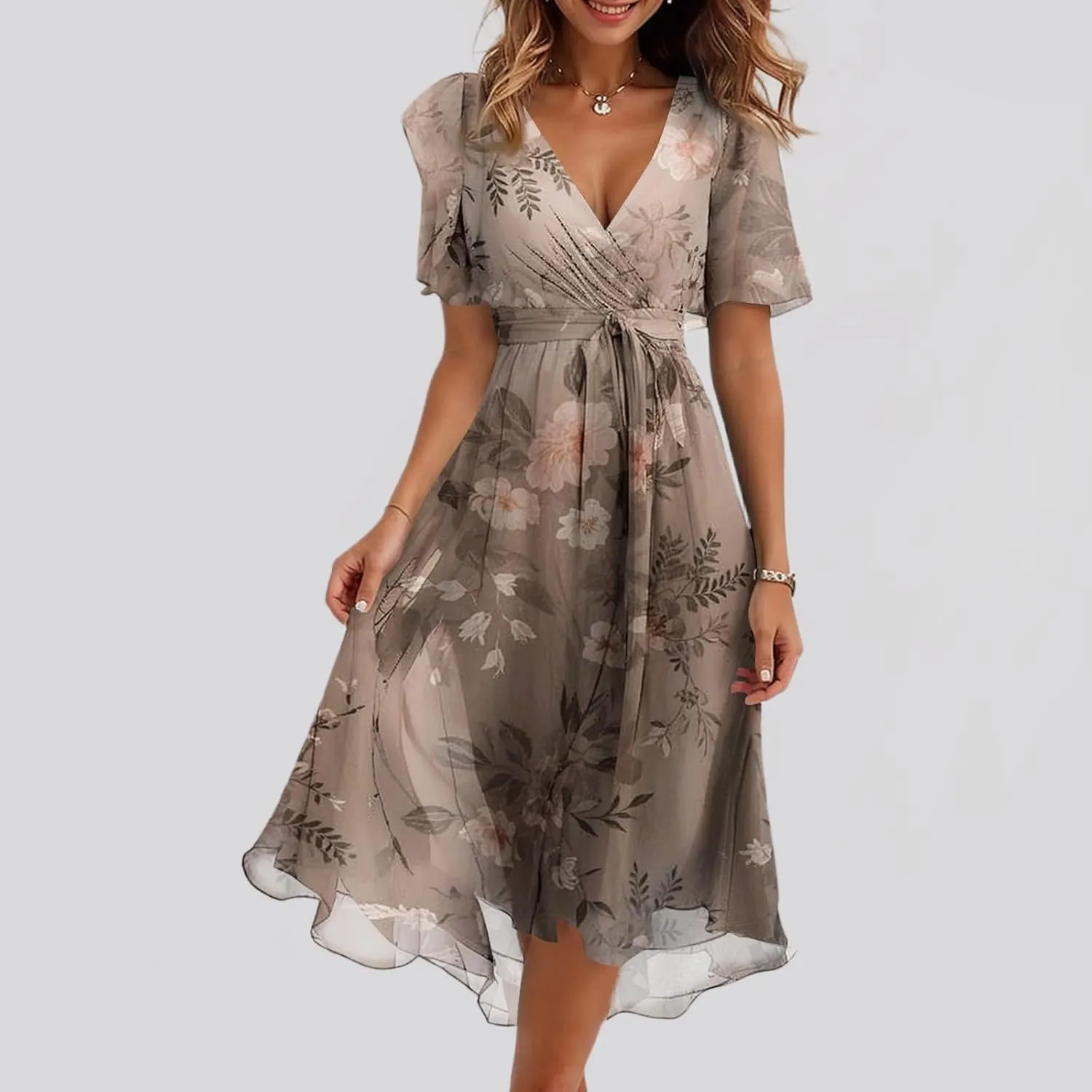 Womens Boho Floral Printed Chiffon Dresses 2025 Elegant V Neck Belted Summer Wedding Prom Cocktail Midi Dress