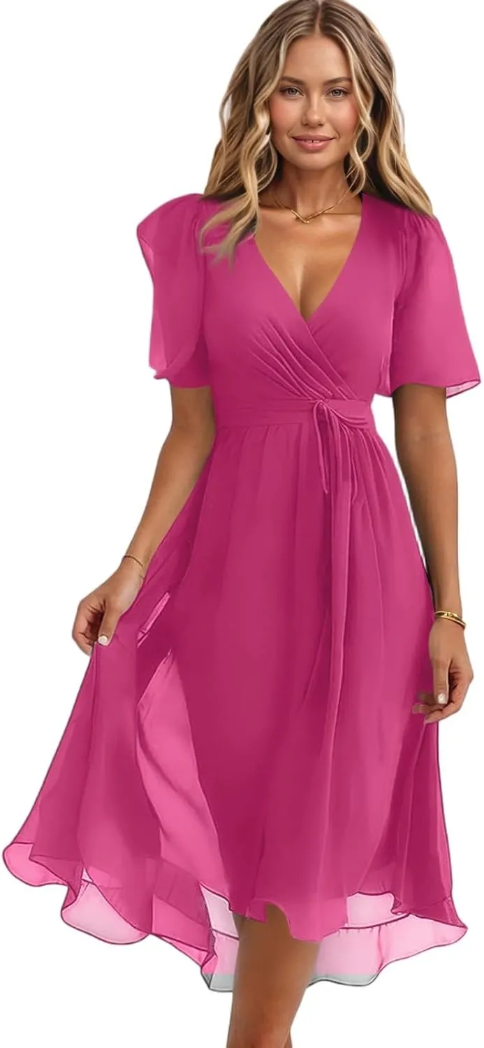 Womens Boho Floral Printed Chiffon Dresses 2025 Elegant V Neck Belted Summer Wedding Prom Cocktail Midi Dress