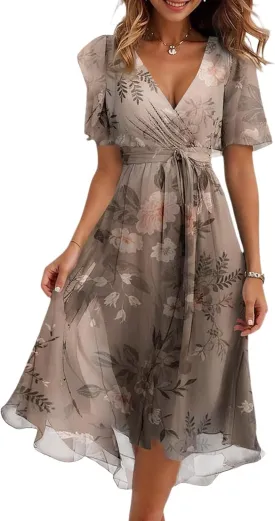 Womens Boho Floral Printed Chiffon Dresses 2025 Elegant V Neck Belted Summer Wedding Prom Cocktail Midi Dress