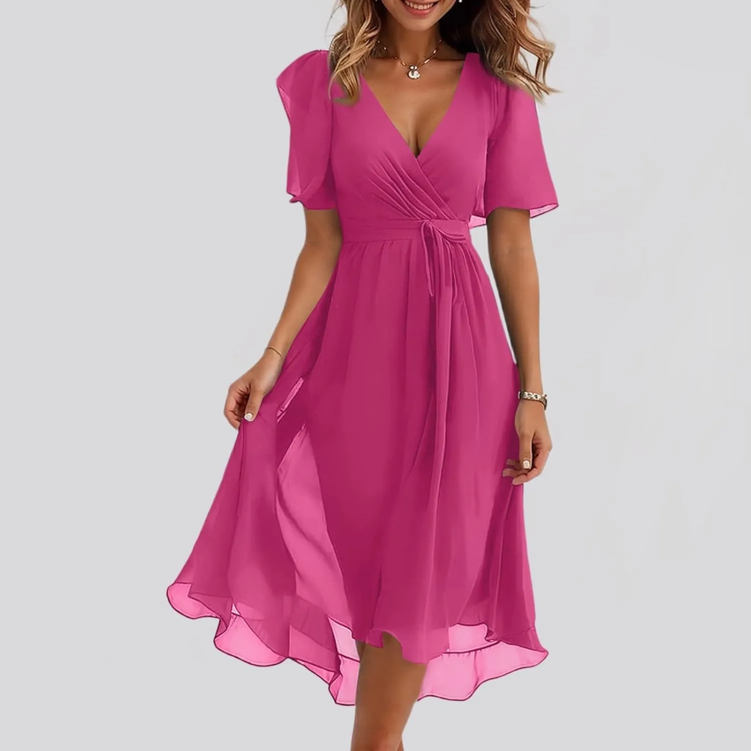 Womens Boho Floral Printed Chiffon Dresses 2025 Elegant V Neck Belted Summer Wedding Prom Cocktail Midi Dress