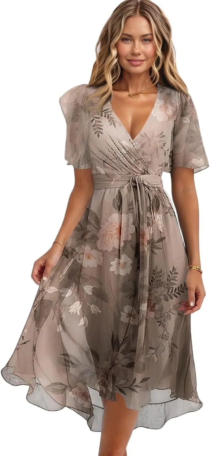 Womens Boho Floral Printed Chiffon Dresses 2025 Elegant V Neck Belted Summer Wedding Prom Cocktail Midi Dress