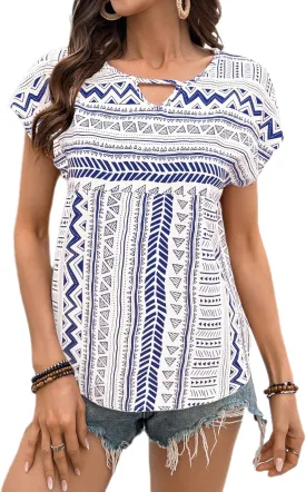 Womens Boho Geometric Pattern Tshirts Summer Cute Crew Neck Ruffle Cap Sleeve Top Casual Loose Fashion Tee Blouses