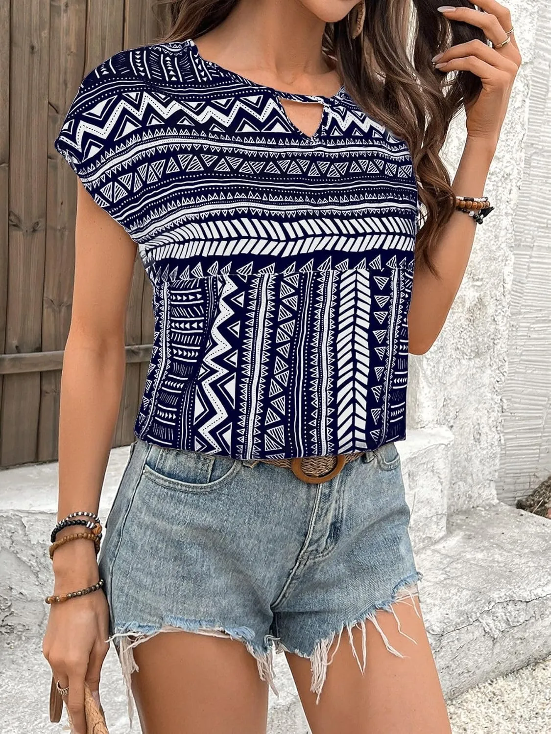 Womens Boho Geometric Pattern Tshirts Summer Cute Crew Neck Ruffle Cap Sleeve Top Casual Loose Fashion Tee Blouses
