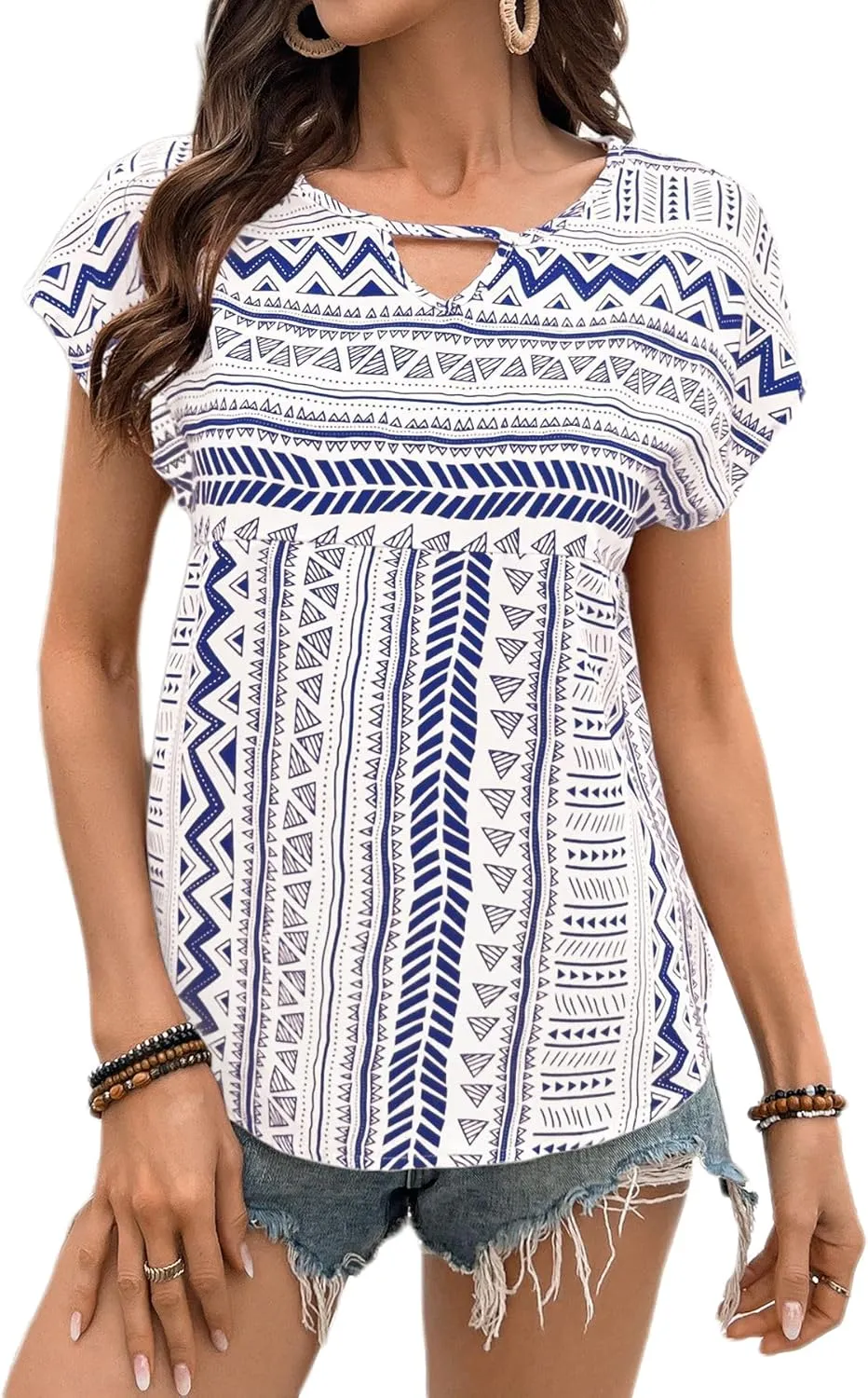 Womens Boho Geometric Pattern Tshirts Summer Cute Crew Neck Ruffle Cap Sleeve Top Casual Loose Fashion Tee Blouses