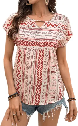 Womens Boho Geometric Pattern Tshirts Summer Cute Crew Neck Ruffle Cap Sleeve Top Casual Loose Fashion Tee Blouses
