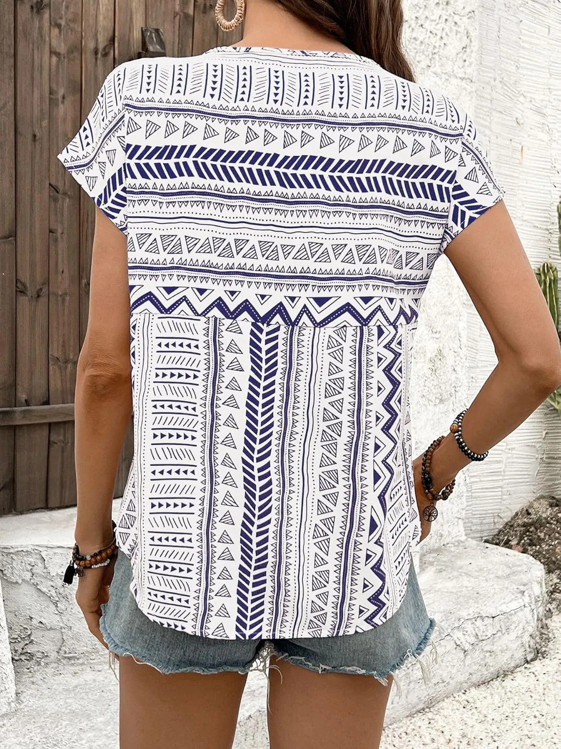 Womens Boho Geometric Pattern Tshirts Summer Cute Crew Neck Ruffle Cap Sleeve Top Casual Loose Fashion Tee Blouses