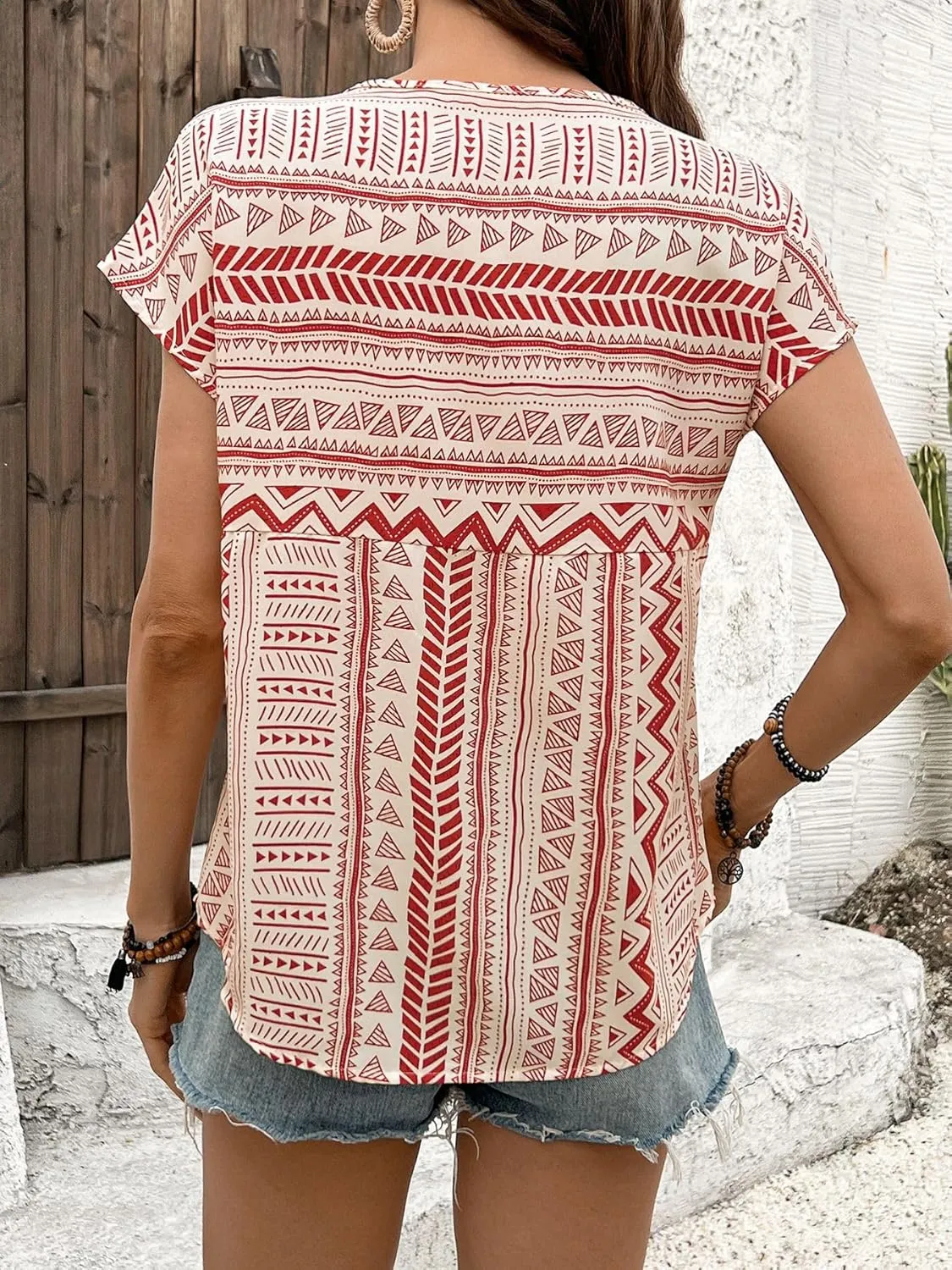 Womens Boho Geometric Pattern Tshirts Summer Cute Crew Neck Ruffle Cap Sleeve Top Casual Loose Fashion Tee Blouses