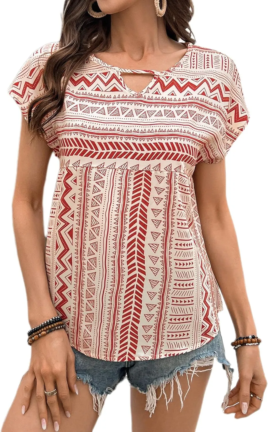 Womens Boho Geometric Pattern Tshirts Summer Cute Crew Neck Ruffle Cap Sleeve Top Casual Loose Fashion Tee Blouses