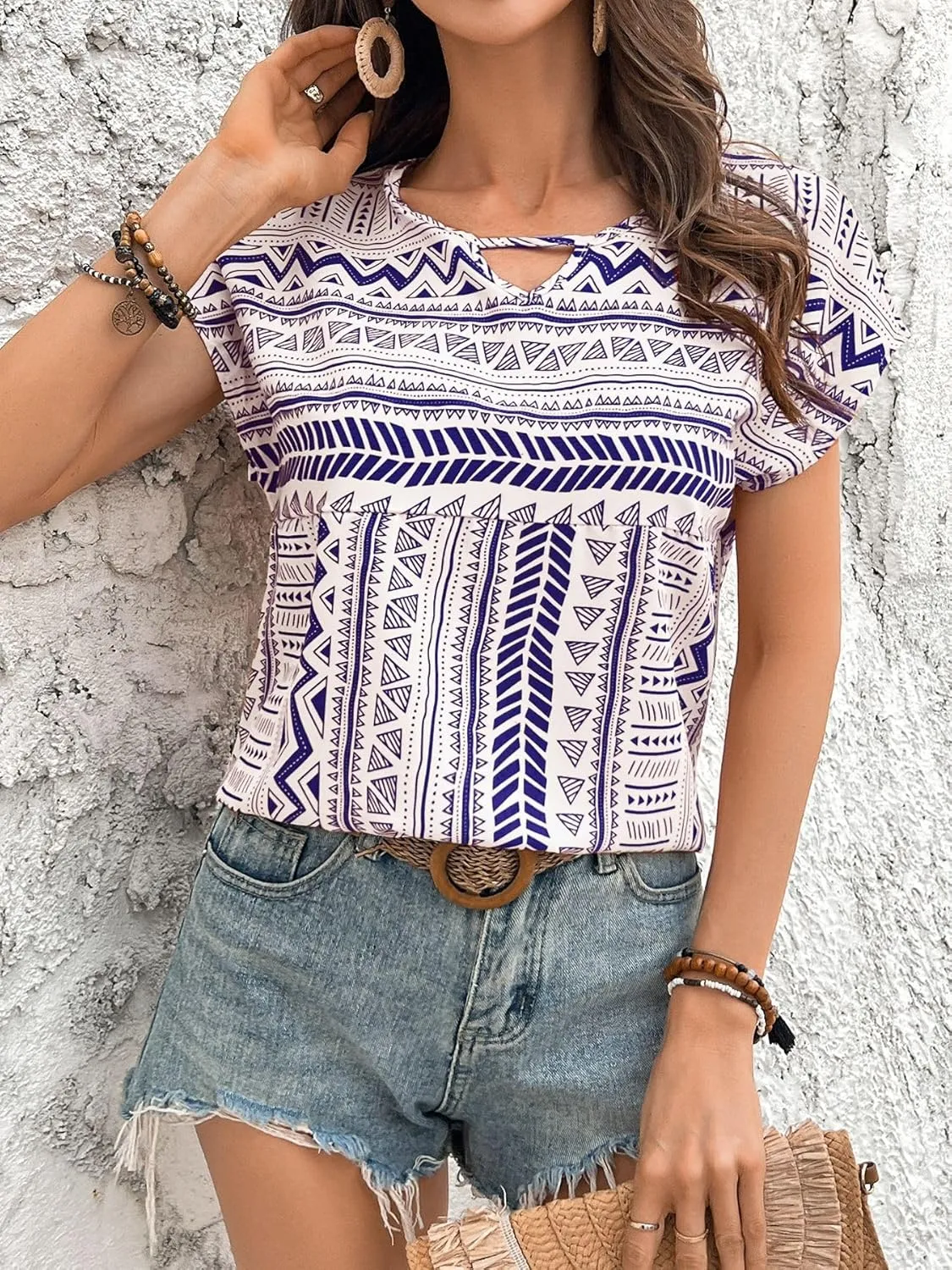 Womens Boho Geometric Pattern Tshirts Summer Cute Crew Neck Ruffle Cap Sleeve Top Casual Loose Fashion Tee Blouses