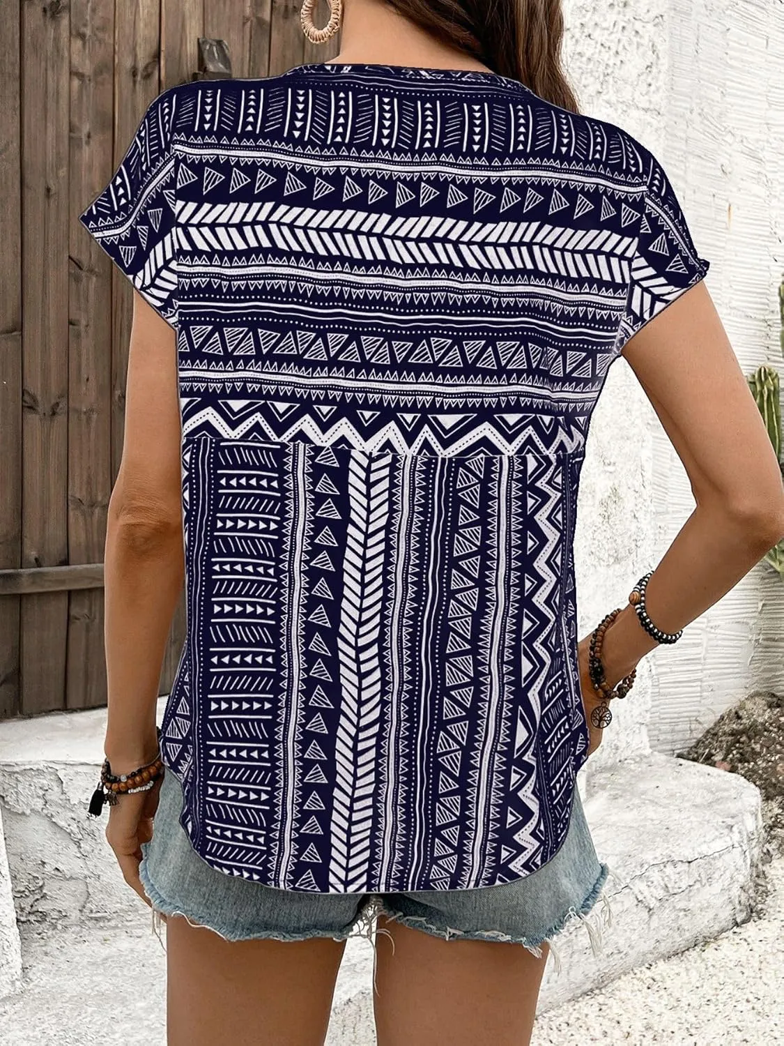 Womens Boho Geometric Pattern Tshirts Summer Cute Crew Neck Ruffle Cap Sleeve Top Casual Loose Fashion Tee Blouses