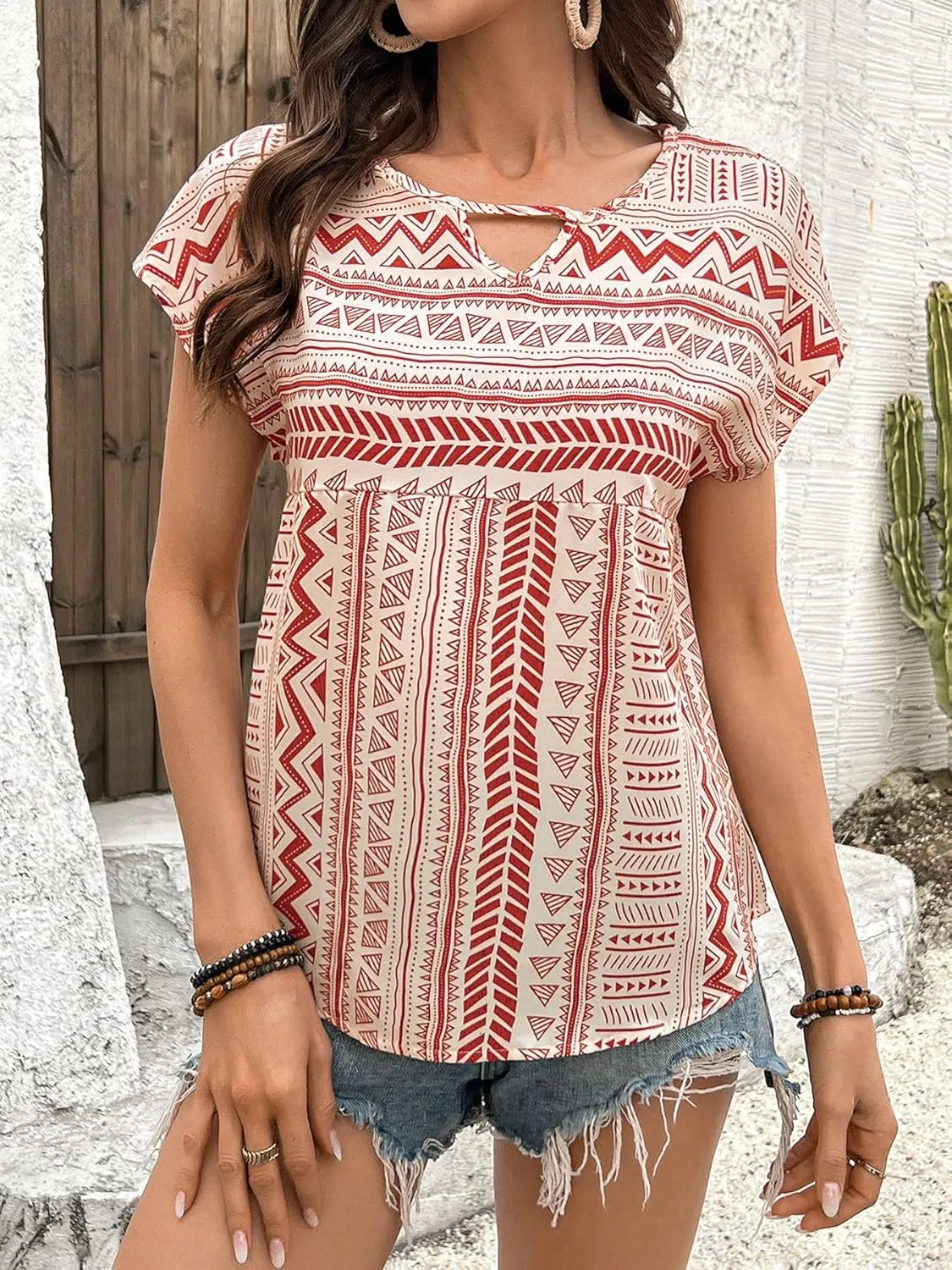 Womens Boho Geometric Pattern Tshirts Summer Cute Crew Neck Ruffle Cap Sleeve Top Casual Loose Fashion Tee Blouses