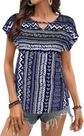 Womens Boho Geometric Pattern Tshirts Summer Cute Crew Neck Ruffle Cap Sleeve Top Casual Loose Fashion Tee Blouses