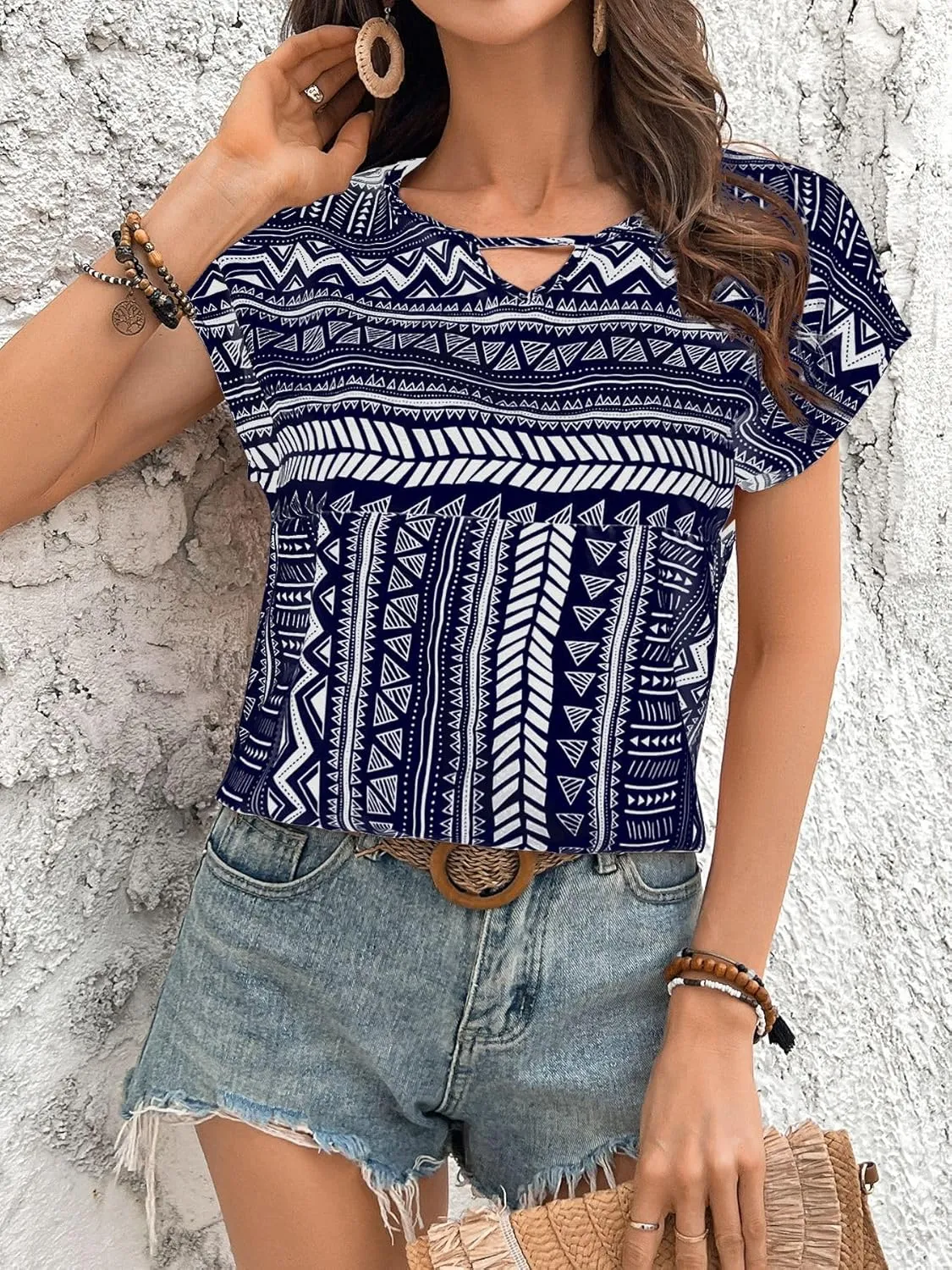 Womens Boho Geometric Pattern Tshirts Summer Cute Crew Neck Ruffle Cap Sleeve Top Casual Loose Fashion Tee Blouses