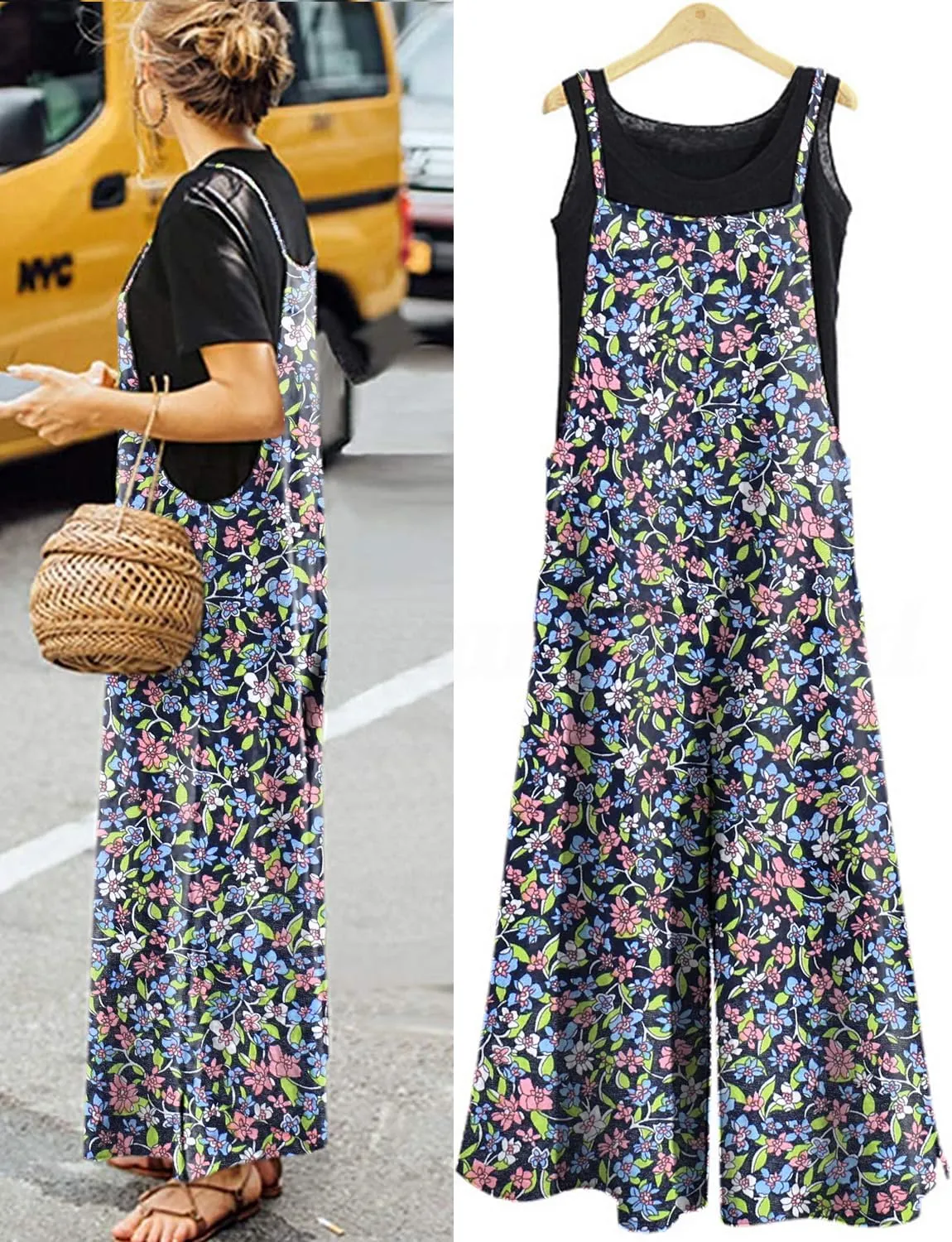 Women's Casual Loose Long Cotton Bib Overalls Baggy Linen Plus Size Jumpsuits Rompers Wide Leg Pants…