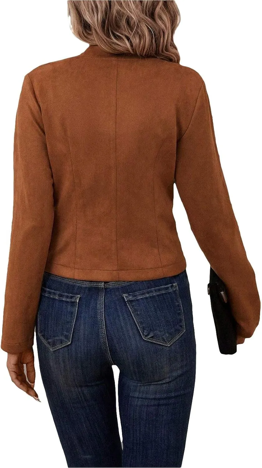 Womens Cropped Suede Blazer Jacket 2024 New Spring Fashion Casual Lightweight Petite Fitted Office Outwear Suit