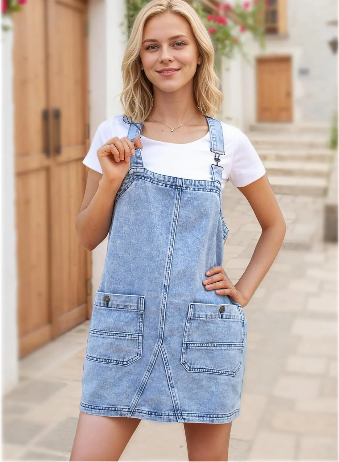 Women's Denim Overalls Dress Casual Jeans Summer Mini Rompers with Adjustable Strap and Pockets