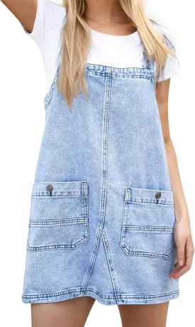 Women's Denim Overalls Dress Casual Jeans Summer Mini Rompers with Adjustable Strap and Pockets