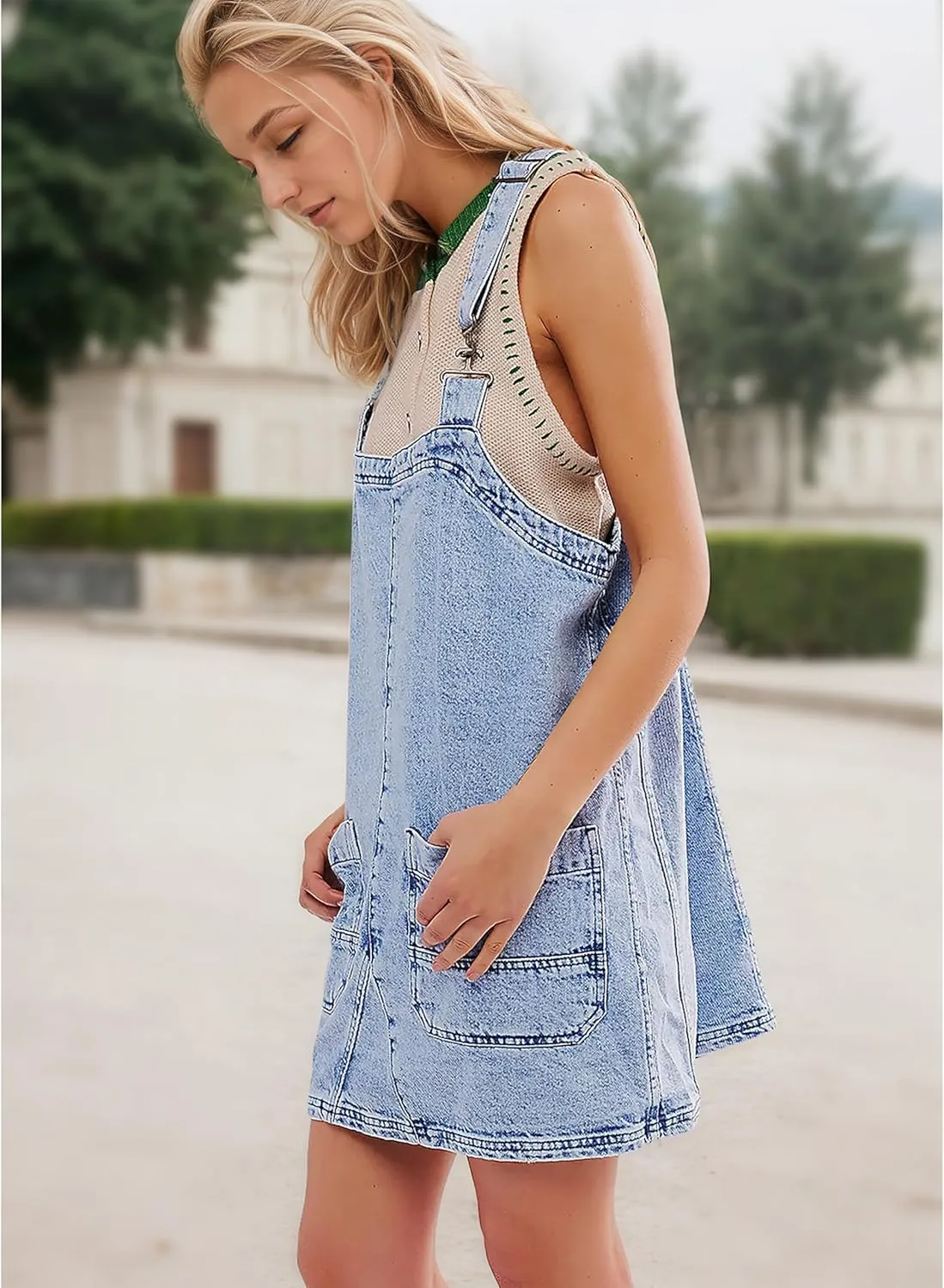 Women's Denim Overalls Dress Casual Jeans Summer Mini Rompers with Adjustable Strap and Pockets