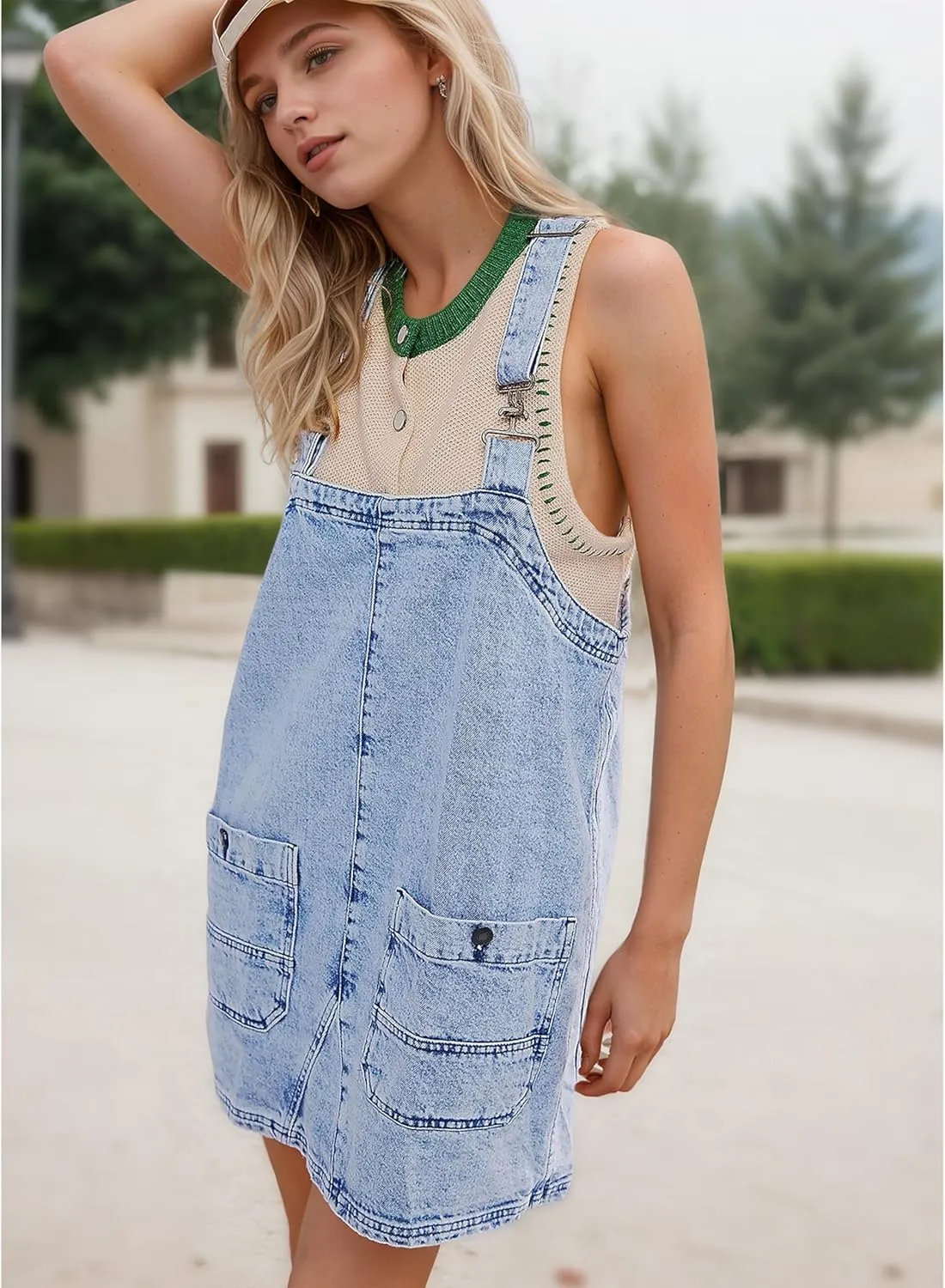 Women's Denim Overalls Dress Casual Jeans Summer Mini Rompers with Adjustable Strap and Pockets