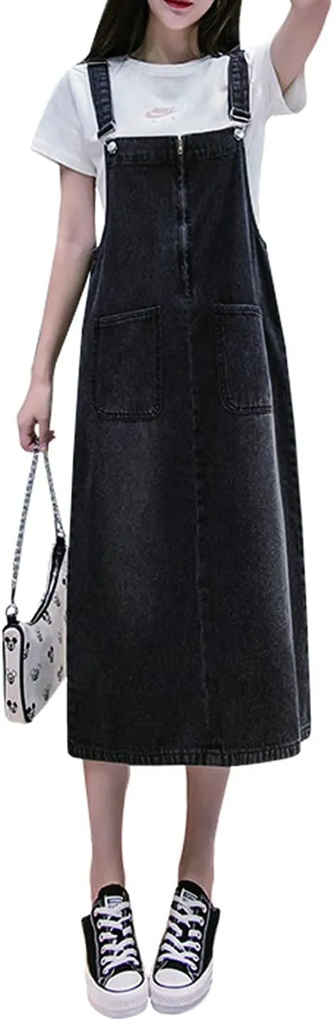 Women's Denim Strap Dress Large Size Loose Casual Solid Color Mid-Length Skirt