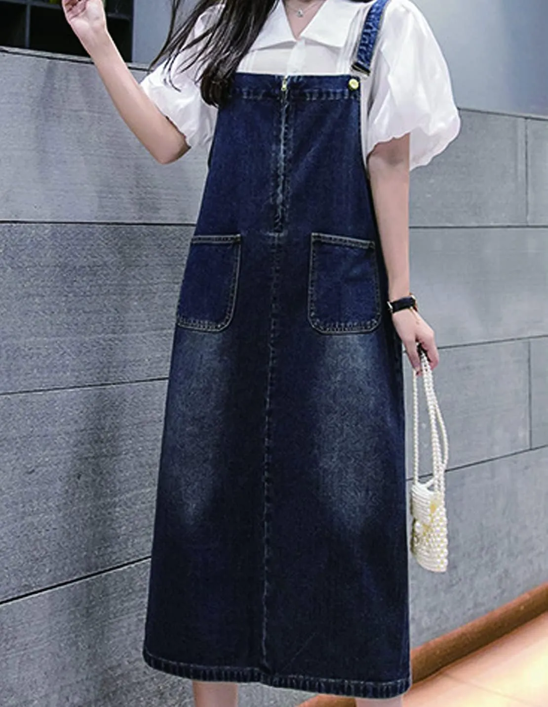 Women's Denim Strap Dress Large Size Loose Casual Solid Color Mid-Length Skirt