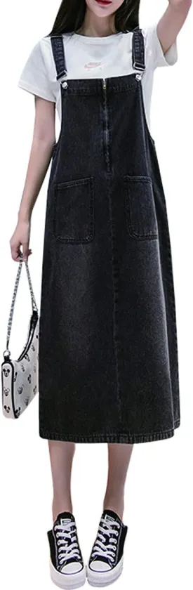 Women's Denim Strap Dress Large Size Loose Casual Solid Color Mid-Length Skirt